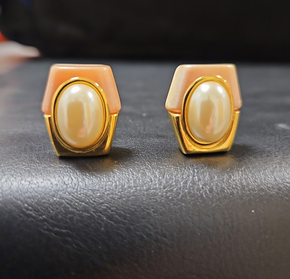 Napier Peach Enamel and Faux Pearl Gold-Tone Stud Earrings